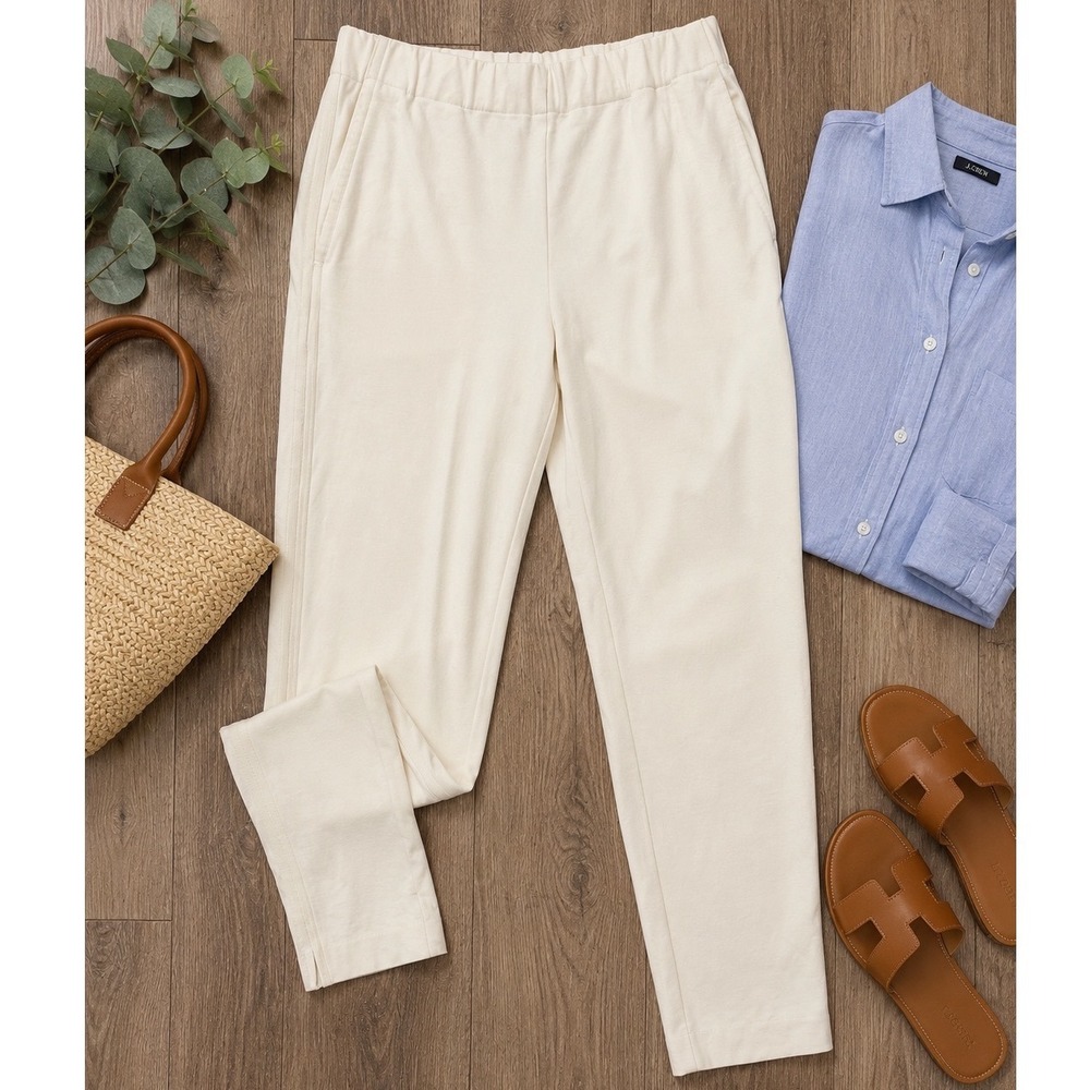 Theory Women Ivory Cream Pull On Elastic Waist Tapered Trousers Size L Viscose